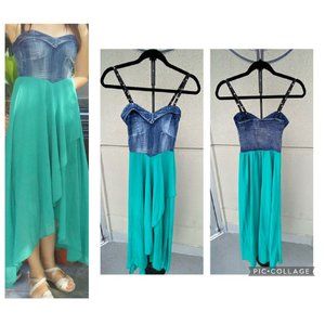 Denim Top Aqua Maxi Asymmetrical Maxi Dress